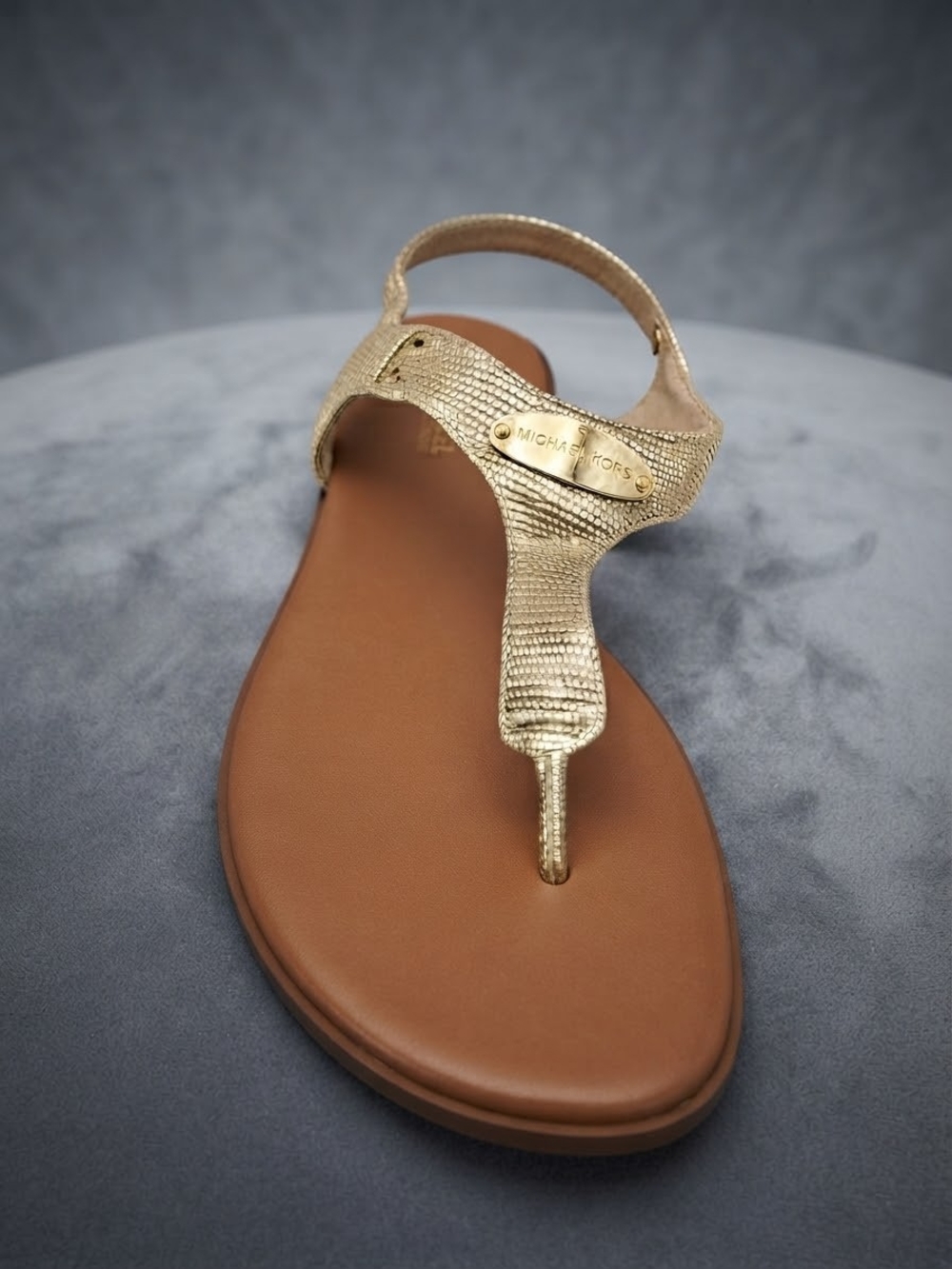 Michael Kors Metallic Gold T-Strap Sandal with Brown Footbed